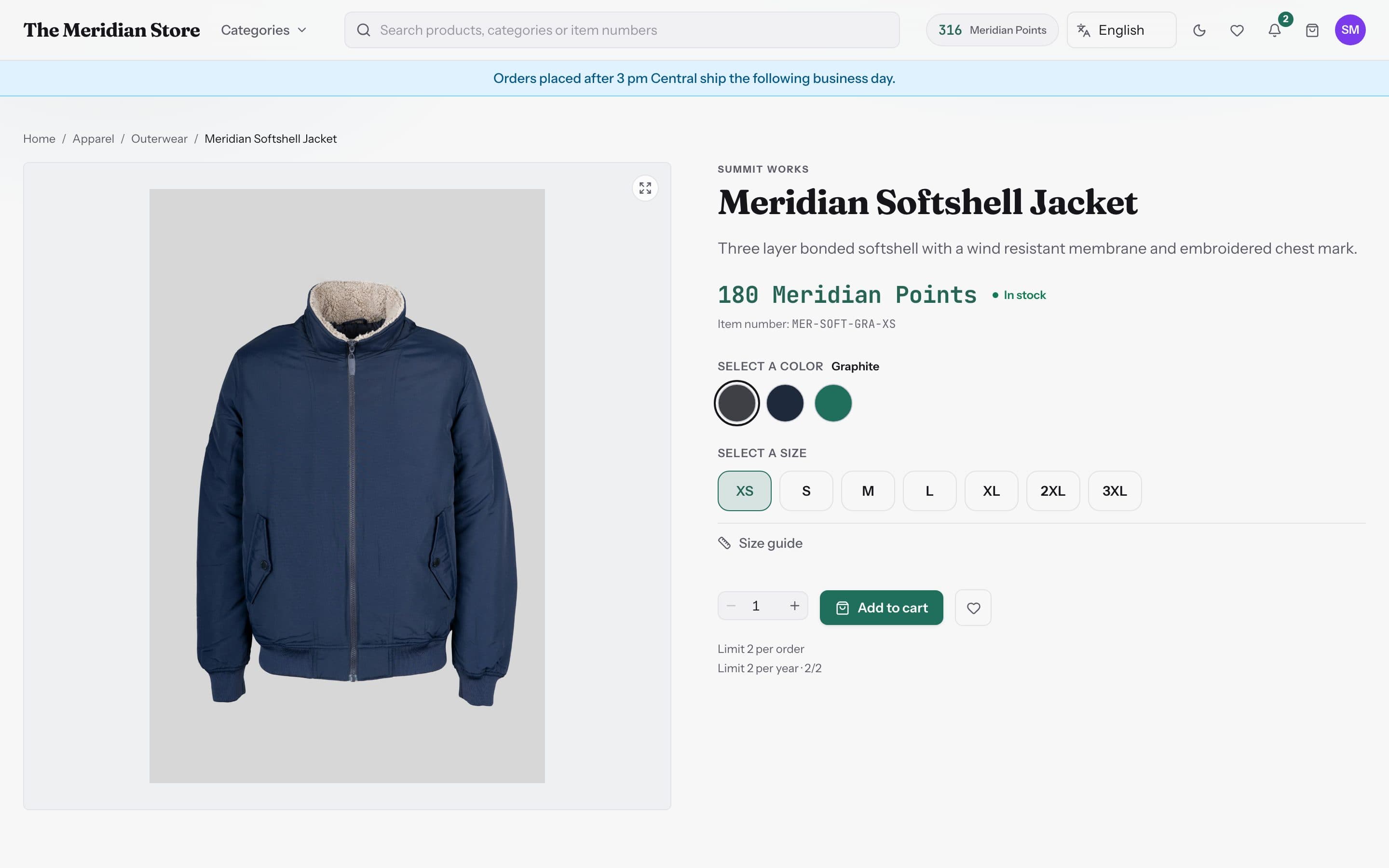 A product page showing the limits and the balance that apply to this person